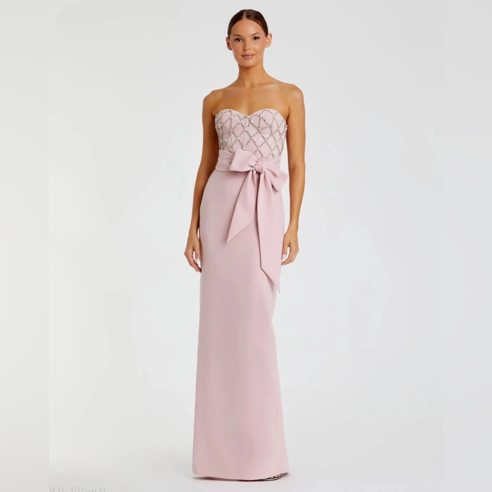 Mac Duggal Strapless Blush Pink Embellished Bodice Maxi Gown with Bow